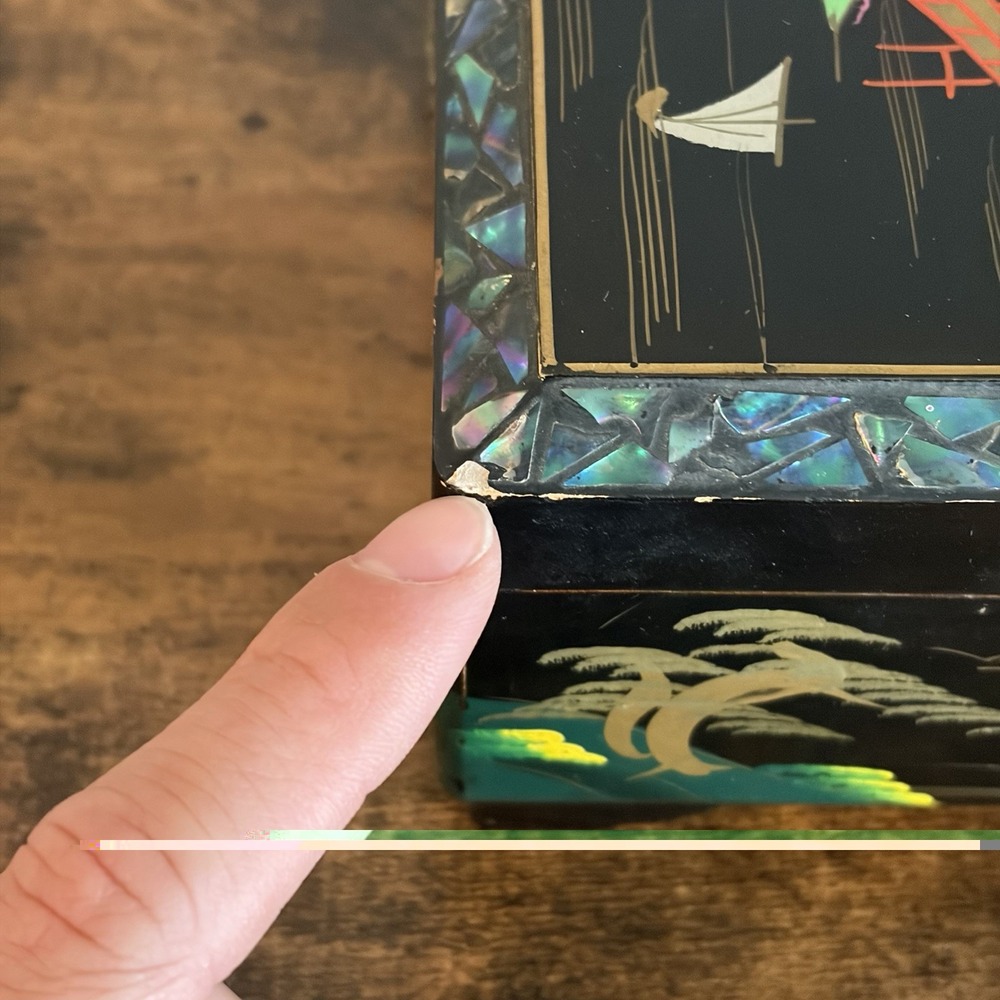 Japanese Black Lacquer Abalone Inlay Mt. Fuji Scenic Music Jewelry Box Vintage - Picture 8 of 12